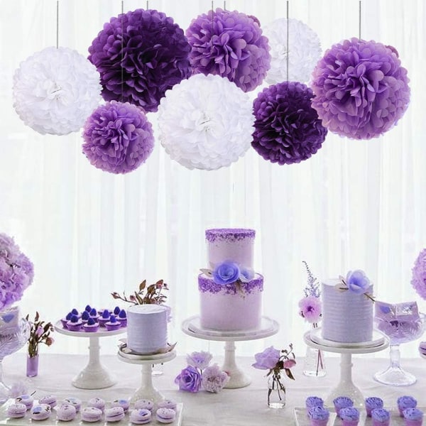 18 kpl (violetti, laventeli ja valkoinen) violetteja tupsuja, silkkipaperia