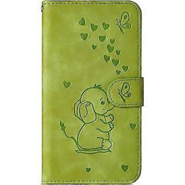 IPhone 11 Telefoncover, Dejlig Elefant Kærlighedshjerte Tegneseriemønster med Kortslot, Foldbart Stativ, Magnetisk Flip Cover, Kompatibel til iPhone 11 - Grøn