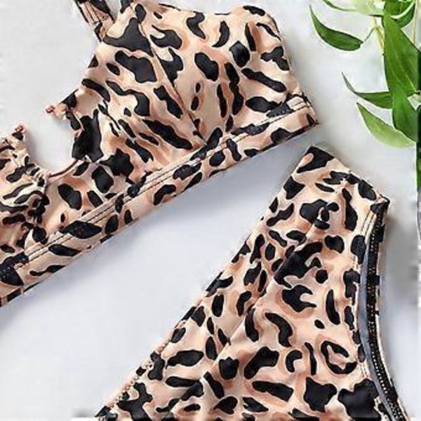 Bikinisæt med stropper, højtaljet brasiliansk badetøj, strandrejse, badedragt, tankini (Leopard M) Leopard M
