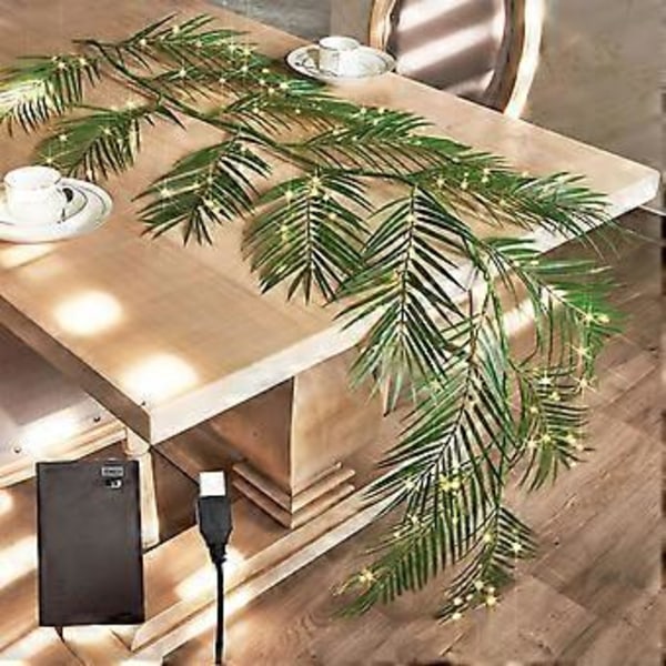 Belyst Palm Garland Timer 180 cm 120 LED-lampor Batteridriven Konstgjord Med Lampor För Sommar Julbord Öppen Spis
