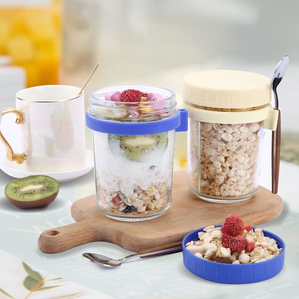 2-delad glasburk för overnight oats med lock och sked, återanvändbar glasburk med skala, frukostburk för förvaring av mjölk, flingor, frukt (vit)