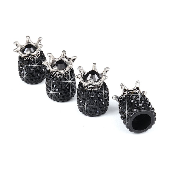 4 st Bling Black Crown Ventilhattskydd - Kristall Rhinestone Chrome Dammsäker Universal Bil Däckventilskydd