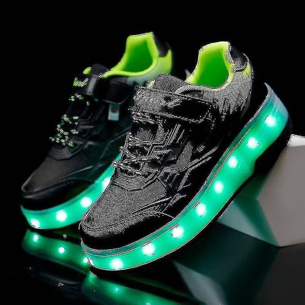 Barn Sneakers Dubbelhjuliga Skor Led Ljus Skor Q7-yky.29.Svart