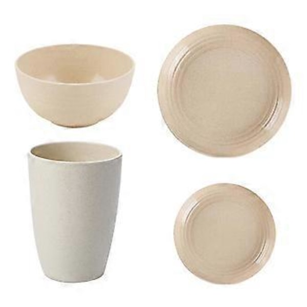 4 st. Servisset i vetestrå med skål, mugg och tallrik, presenter (Beige)