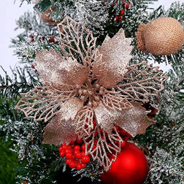 Gullfarget sett med 12 kunstige glitter julestjerneblomster for juletrepynt