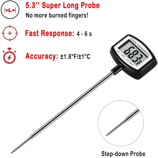 Stort LCD-kjøtttermometer - 5,3 tommer superlang sonde - Digit