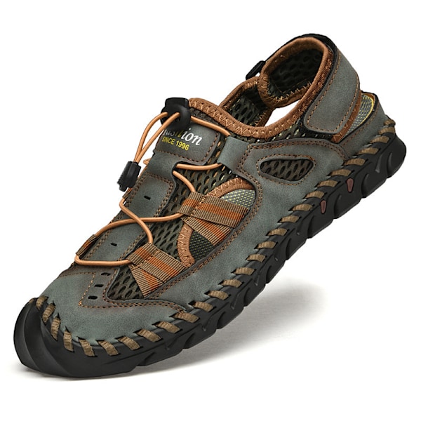 Sommarsandaler för män, Mode Lädersandaler, Handgjorda Sydda Utomhus Strand Sandaler i Nötskinn, 40, Grön Green 40
