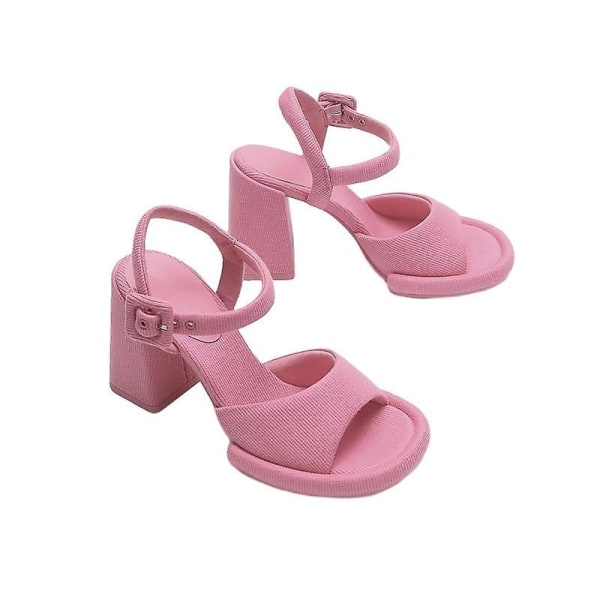Barbie-rosa dam ankelrem med tjock klack högklackat fiskmun sandaler..