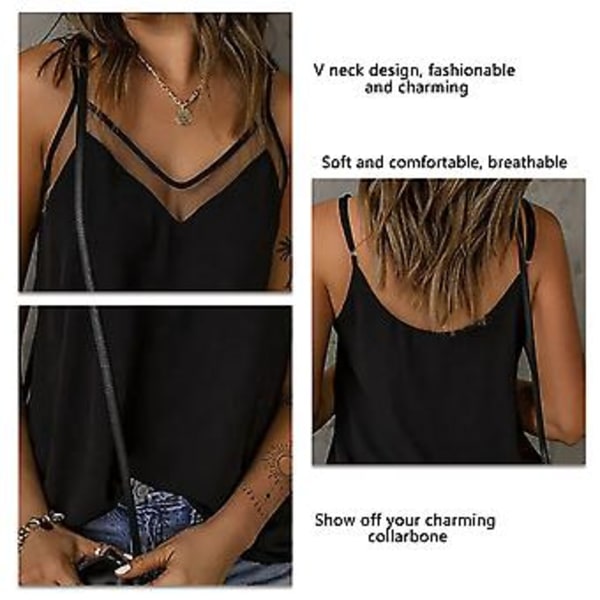Naisten kesätoppi, rento spagettiolkaimilla, hihaton, V-kaula-aukko, läpikuultava verkko, yksivärinen paita (XLMusta) Black XL
