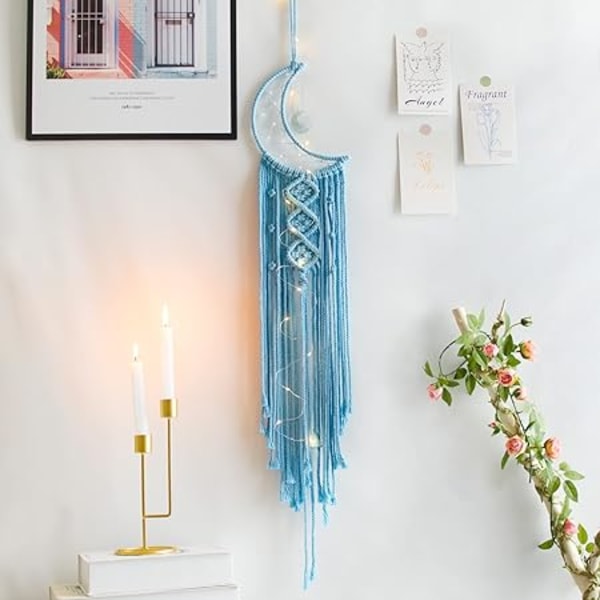 Sininen Kuun Unisieppari Valolla, Huonekoriste, Boho-koriste, Seinä