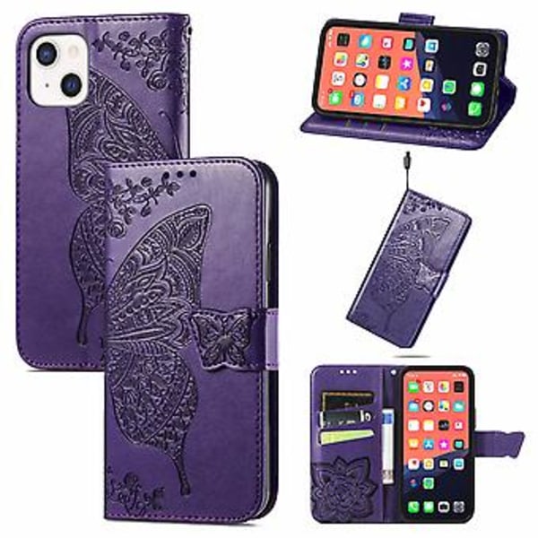 Fjäril Kärlek Blomma Läderfodral För iPhone 13 mini Dark Purple