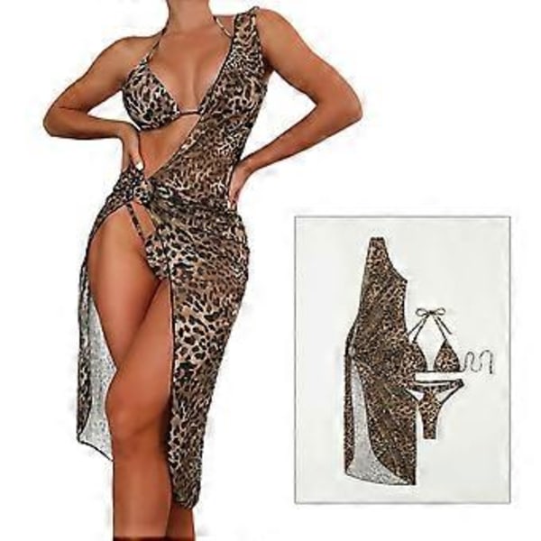 Leopardmönstrad triangel-halter bikini baddräkt med cover up maxiklänning 3-delat set badkläder strandkläder dam S S