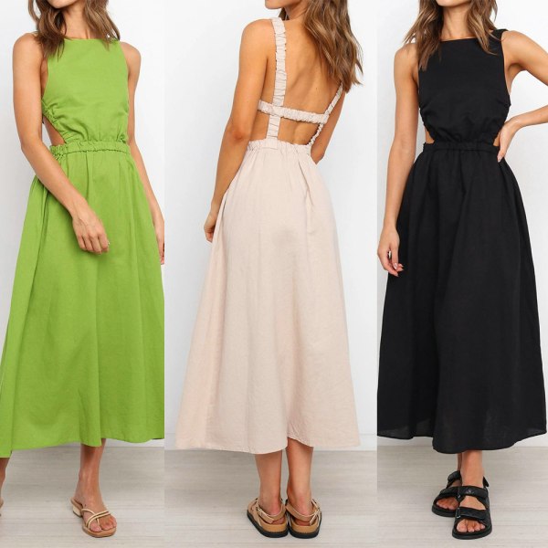 Cut Out Cross Backless Linen Midi Dress Wedding Guest Stretchy Co