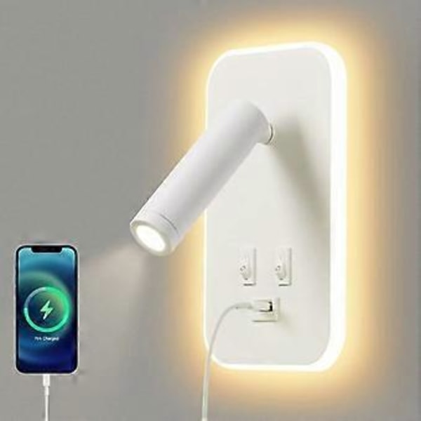 LED vegglampe, leselampe ved sengen med bryter, USB-ladeport, justerbar omgivelsesbelysning for soverom (naturlig lys 3 W)