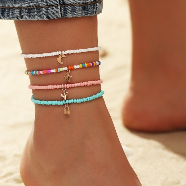 4 stycken Bohemian Beads Multi Ankel Armband Colorful Wo