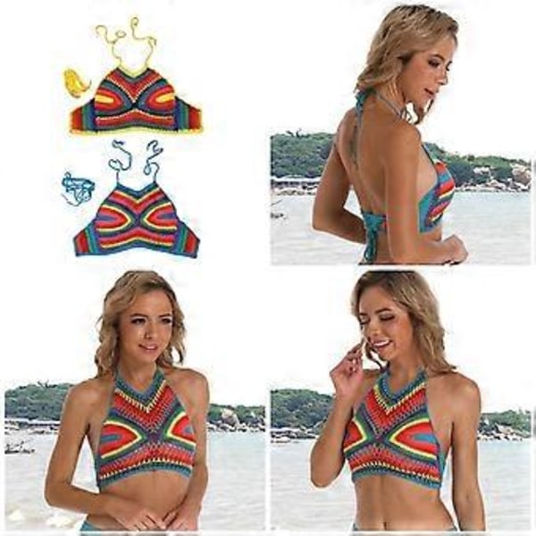 Heklet grime-badedrakttopp for damer, heklet crop top polstret strandtopp justerbar knyting i ryggen gul L Yellow L