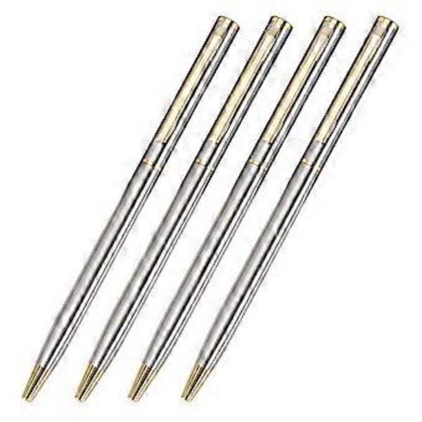 4 kpl Metallisia kuulakärkikyniä kynäklipsillä, kierrettävä kuulakärkikynä toimistoon, allekirjoituskynä kirjoittaa sujuvasti, nimikirjoituskynä 0,7 mm Silver gold