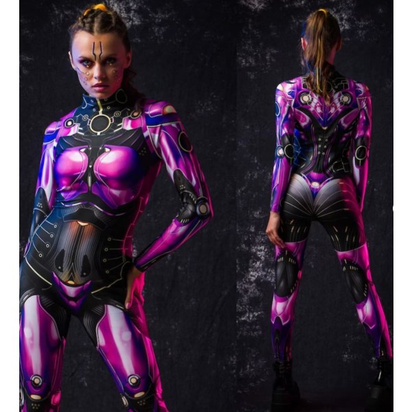 Violet Android Halloween-dräkt, Helkroppsrobotdräkt för kvinnor, Cosplaydräkt, Cyberpunkdräkt, Cyborgdräkt, Robot Catsuit.S.