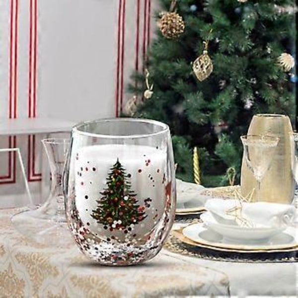 Dobbeltlags Glas Krus 300ml Varmebestandig Vandkop Drikkeglas til Varme Drikke Glasvarer med Julemønster Snowman