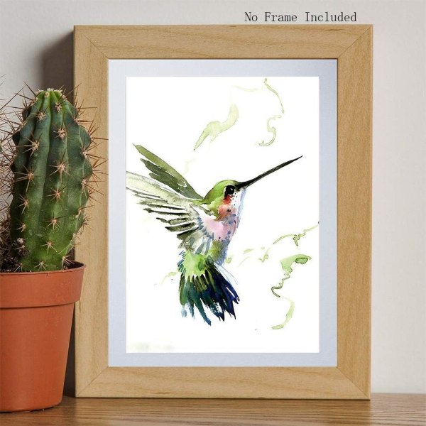 Set med 3 oinramade abstrakt akvarellfågelaffisch–kolibri och