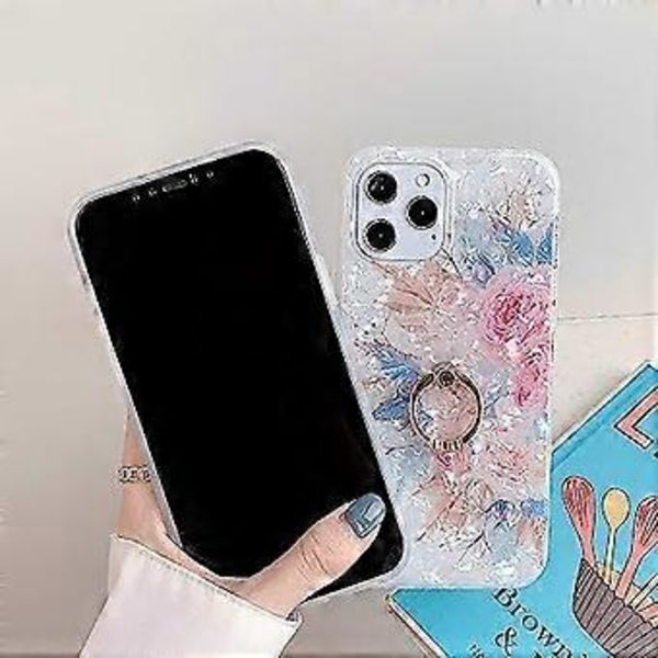 Kompatibel med iPhone 12 Pro Skal (6,1 tum), med Söta Blommande Blommor Inbyggd 360 Roterbar Ring Ställ Hållare Mjukt Slim Stötsäkert TPU IMD Pho