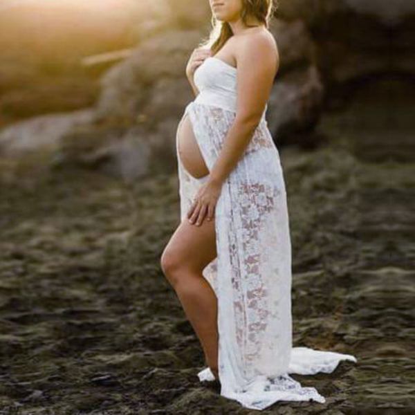 Maternity Kjole Fotografering Rekvisita Blonder Stretchy Graviditet Lang Kjole for Gravide Kvinner for Fotografering Maternity Permisjon HVIT L