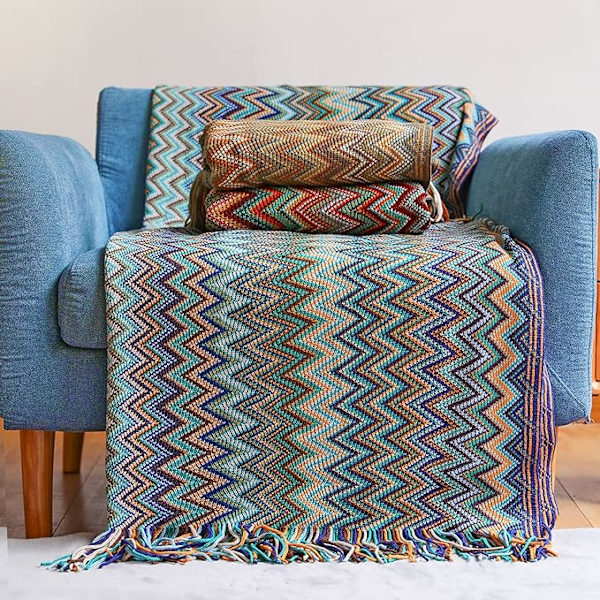 Boho Kastanbløde Tæpper Udendørs Strikket Tassel Tæpper, (Blå 50x60