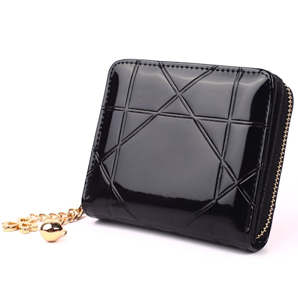 Dame kortholder med lynlås, lille kortholder i lakeret læder, ternet clutch-pung, sort