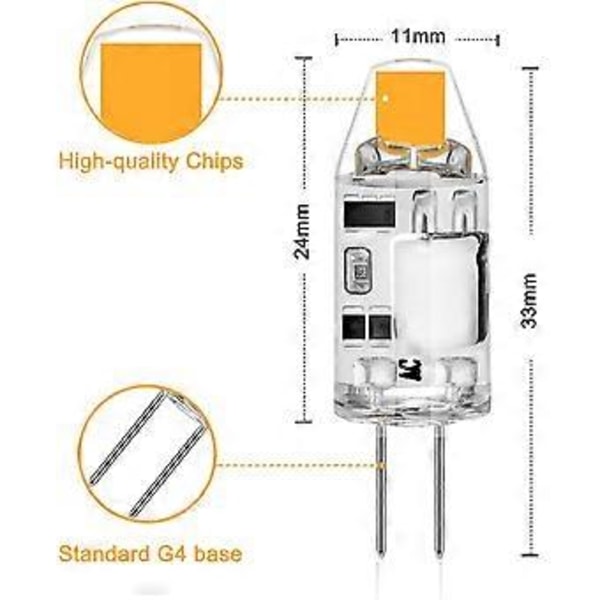 Nirvana g4 LED-lampor, 2W COB LED-lampor ersätter 20W halogenlampor, G4 LED-lampor 3000K varmvit 160LM 12V AC/DC, flimmerfritt, ej dimbara, 10-pack