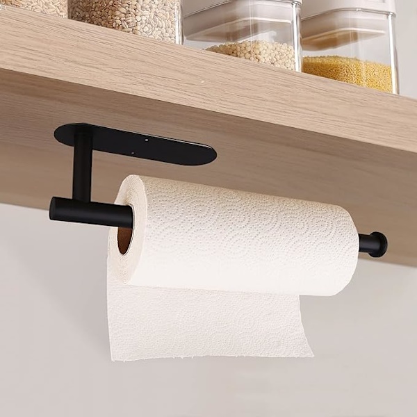 Paperitelinepidike - Musta, Paperitelineiden teline - Keittiöön, Paperitelineet irtotavarana - Itsekiinnittyvä kaapin alle, Saatavana sekä liimalla että ruuveilla, Ruostumaton teräs