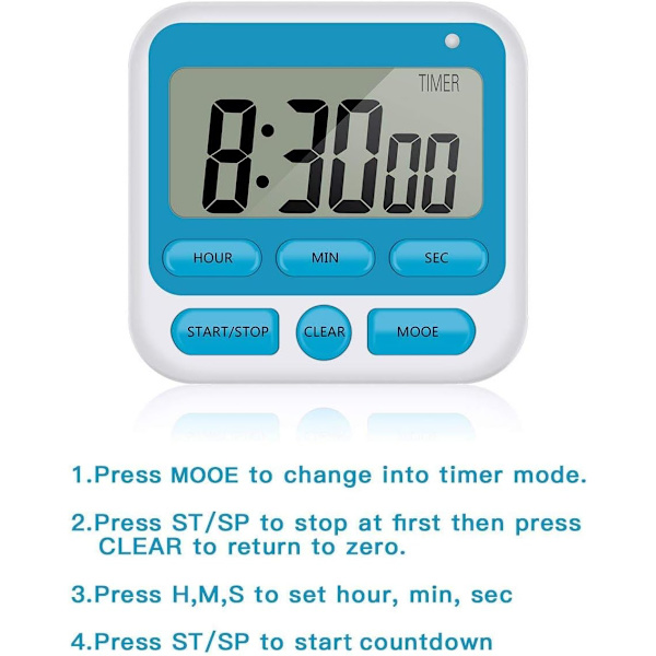 Digitalt køkkenur med alarm og stort LCD-display HX106 Blå