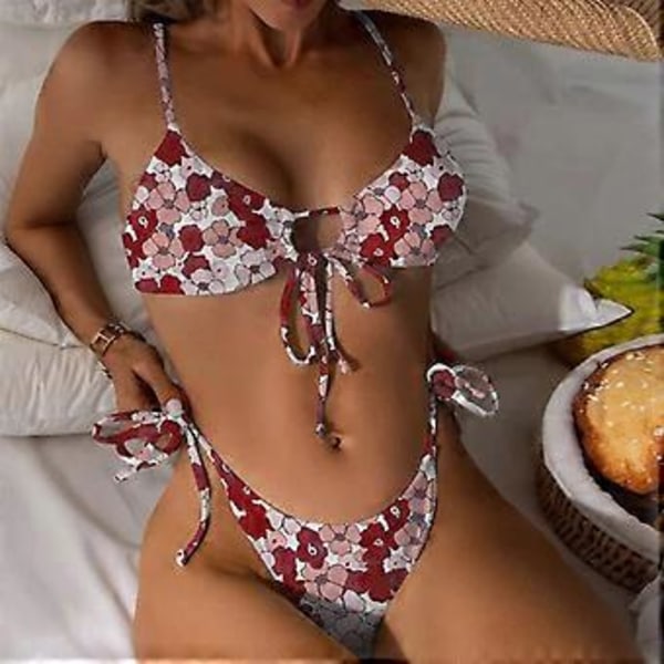 Dame Split Badedragt G-streng Komfortabel 2-delt Stropløs Svømmedragt Wrap Højbenet Strandtøj Halterneck String Bikini Sæt Tryk på hvid M Printing on white M