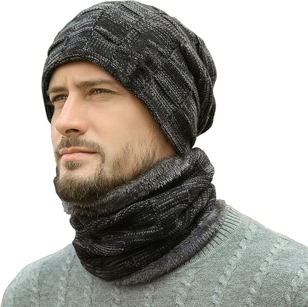 Vintermössa och halsduk set för män, varma stickade mössor - svart skull cap