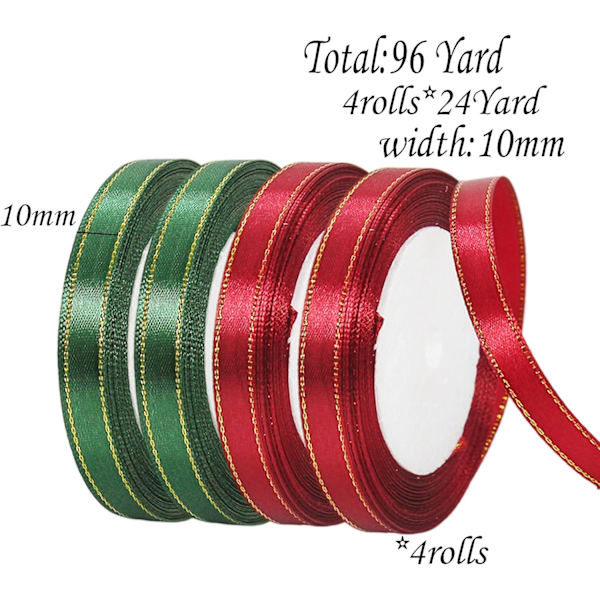4 rullar vinröd, mörkgrön band 10 mm för julklappar W