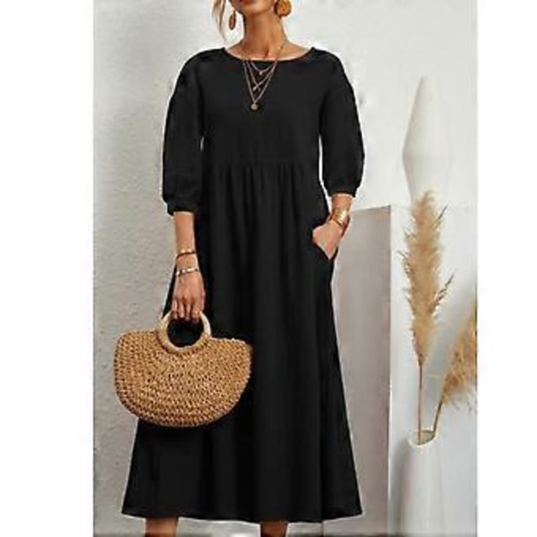Rundhalset Kjole Trekvart Ballonsleeve Ensfarvet Løst Lommendesign Casual Damekjole