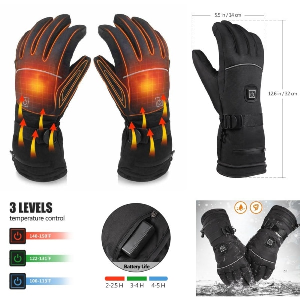 Opvarmede handsker, vinter elektriske varme handsker til mænd, kvinder, sort