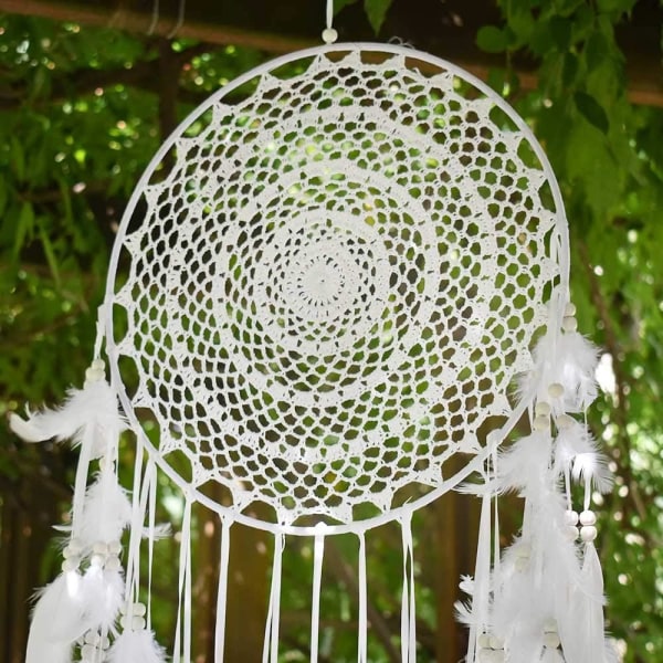 Stor Boho Drømmefanger Hvid Fjer Macrame Vægophæng Vint