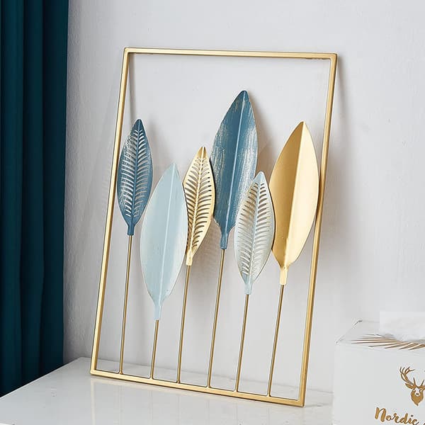 Metallväggdekoration Blå och Guld Blad H 43cm