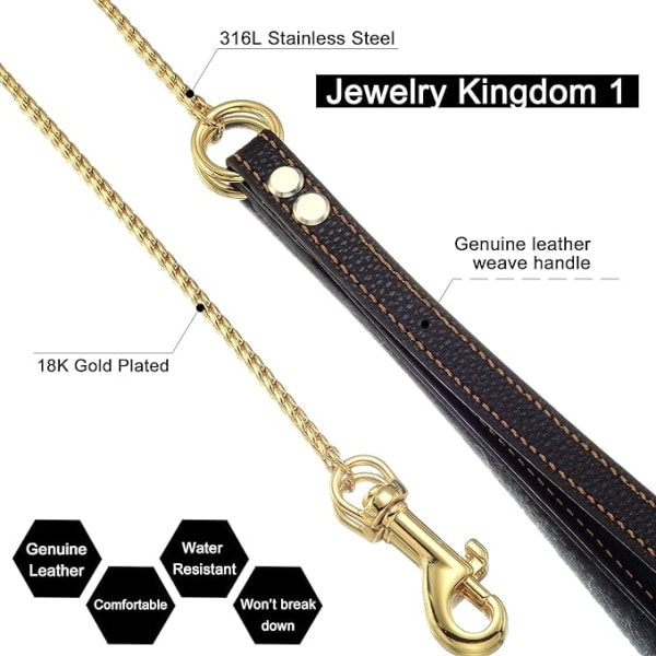 Hunde kjede kobbel for hundekrage 18K gull metall tygge hund kobbel med polstret håndtak, sterk anti-bit kobbel, 4MM tykk gåtur trening ledelse for små mellomstore hunder ( 4MM,90cm)