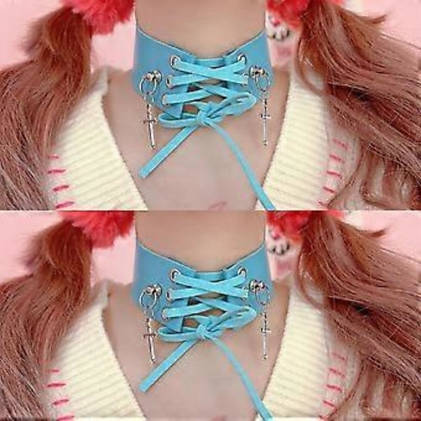 Punk Nahka Choker Kaulakoru Seksikäs Nyöritys Risti Kaulus Kaulanauha Goottilainen Solisluuketjun Kaulakoru Naisille Tytöille Sininen