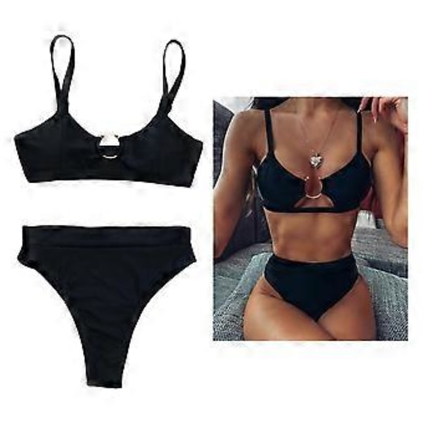 Bikinisæt med stropper, højtaljet brasiliansk badetøj, strandrejse, badedragt, tankini (Sort 1 L) Black 1 L