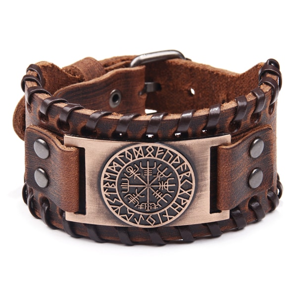 Nordiske vikinger runeamulett lær armbånd (gammel rød bronse)