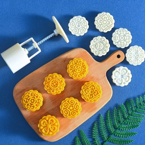Vit - Mooncake-form med 4 kakstämplar kakstämpel bakning