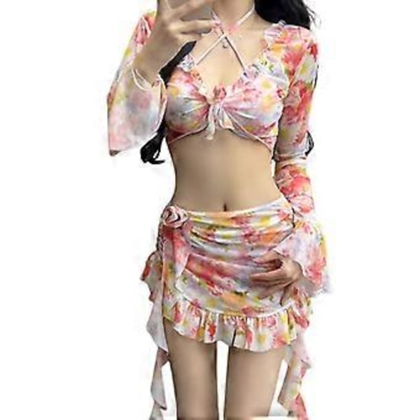 4 KPL Naisten Bikinit Uimapuku Crop Top Bikineillä ja Hameella, Kolmio Bikinit Ylä- ja Alaosa, Halterneck Bikinit Uima-asu Pinkki M M