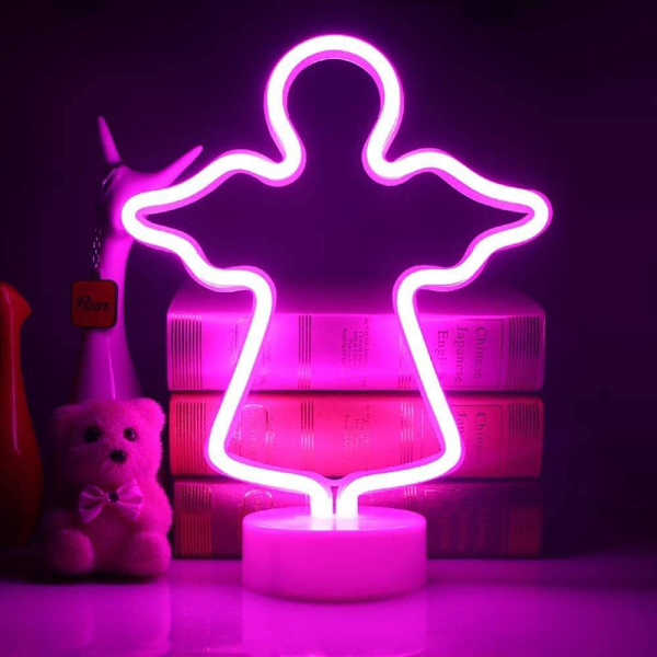 Neon LED Engel Natlampe med Base, Batteri eller USB Neon LED Lys