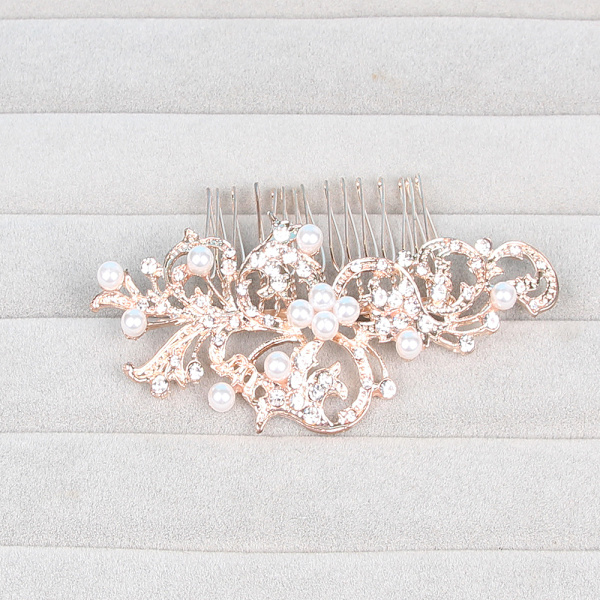 Roséguld bröllopshårkam, strass pärlor blomma och