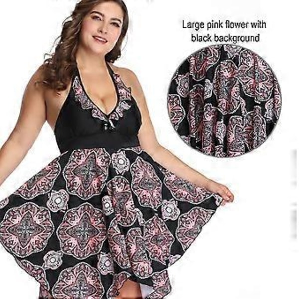 Tankini-badedrakt med blomsterprint og volangkant for damer i store størrelser, 2-delt badedrakt - Svart (style5574)