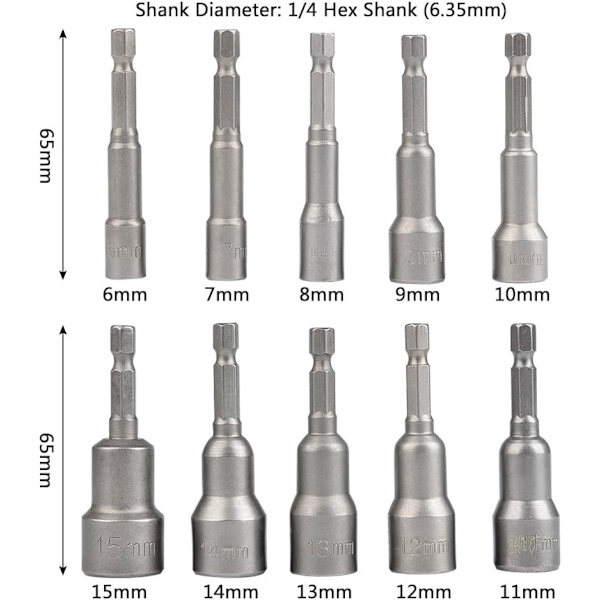 10 stk. Magnetiske Hex Sokkel Sæt 6-15mm Slagdriver, Magnetisk Hex