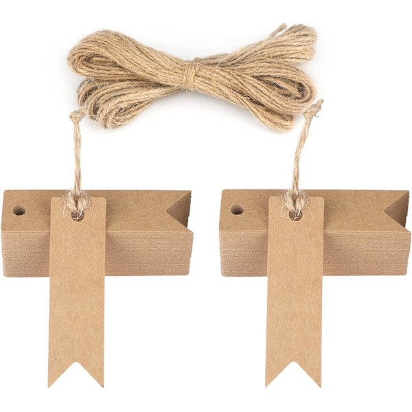 7 x 2 cm Kraftpapir Gavemærker, 100 stk. og 20 m Jute Reb til