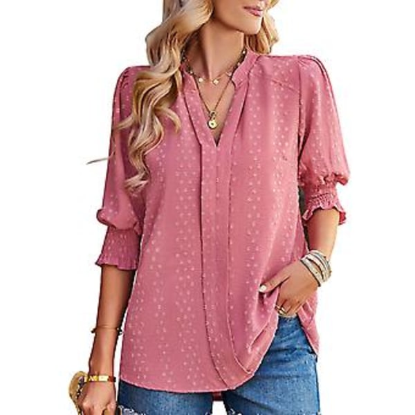 Dame Halv Erme V-hals Topp Elegant Moderne Ensfarget Puff Erme Elastisk Rynket Mansjett Skjorte Bluse (MPink) Pink M